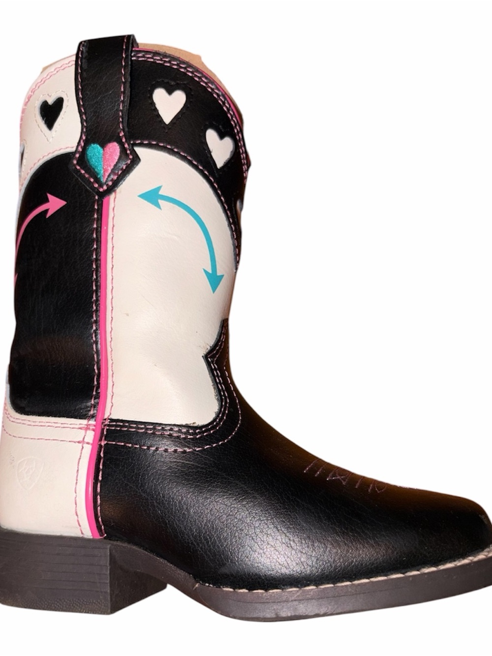 Ariat Girls' Black, Cream & Pink Heart Western Boots with Turquoise Accents - Picture 7 of 12